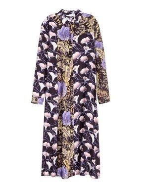 H&M Floral Long Sleeve Midi Dress with Blush black Lavender Accents button up